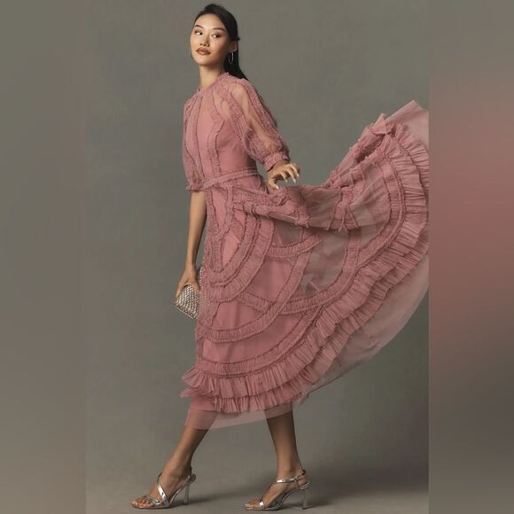 MAC DUGGAL 8058 Pink High Neck Micro Ruffle Tiered Midi Dress - Picture 5 of 16